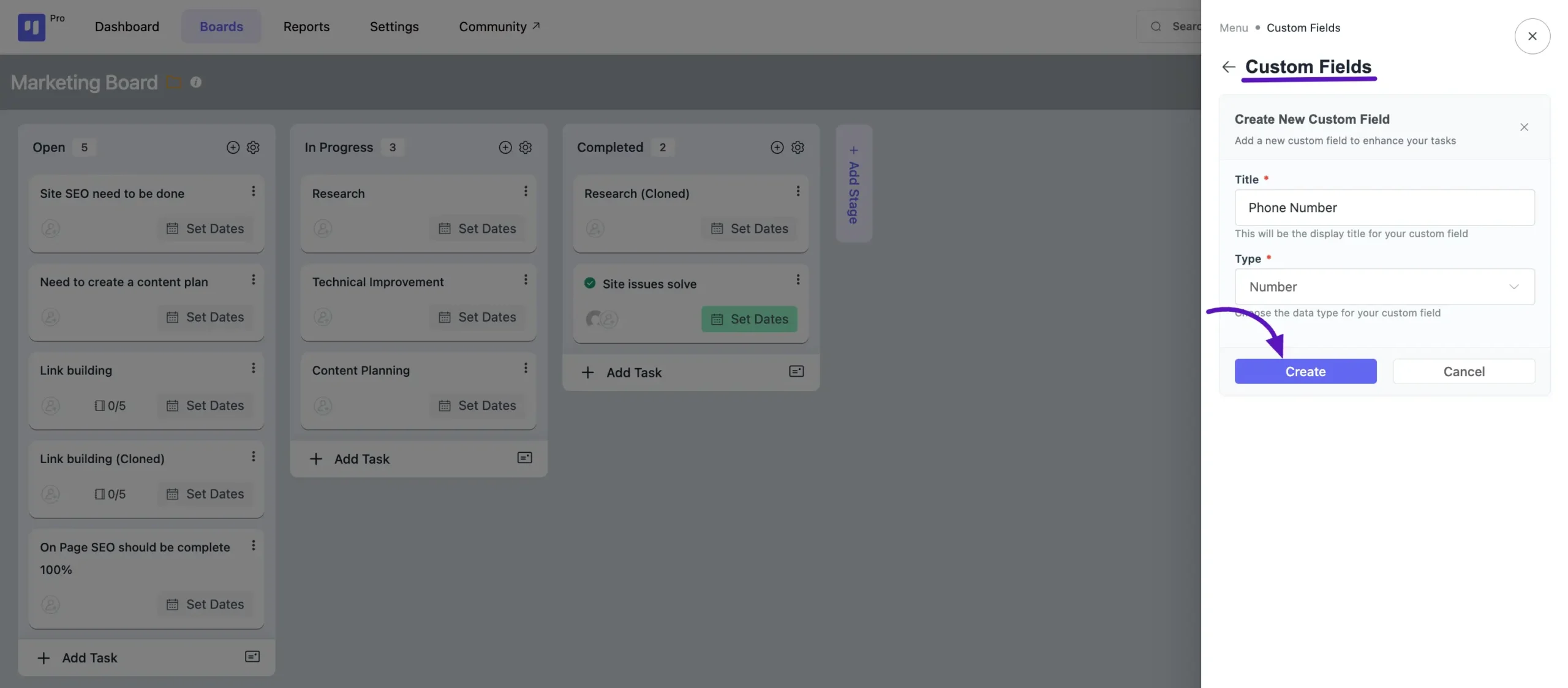 custom field board task