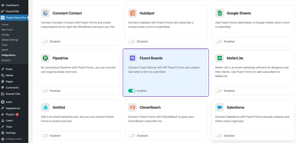 enable fluentboards integration in fluent forms 