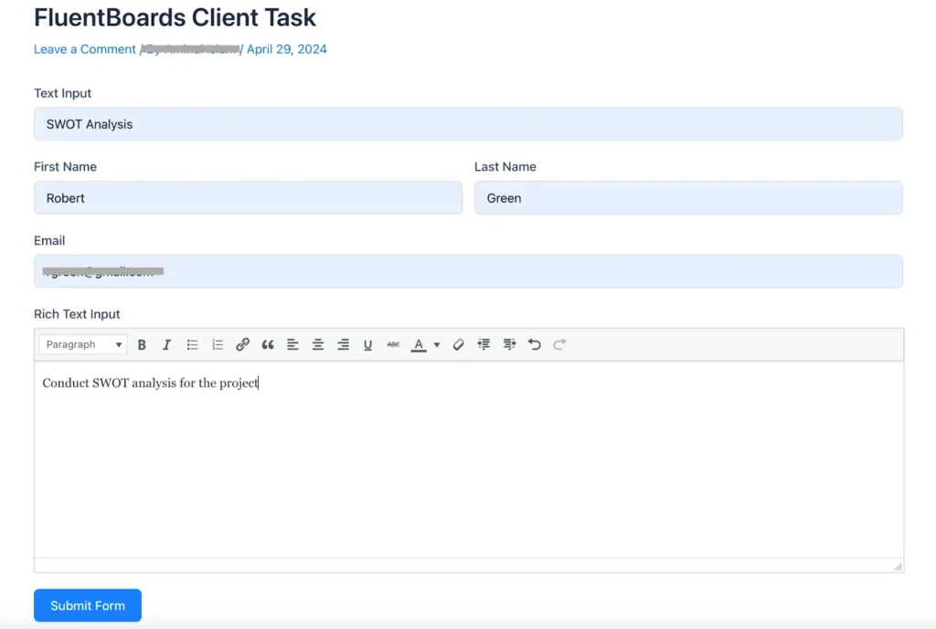 fluent forms task form for fluenboards project