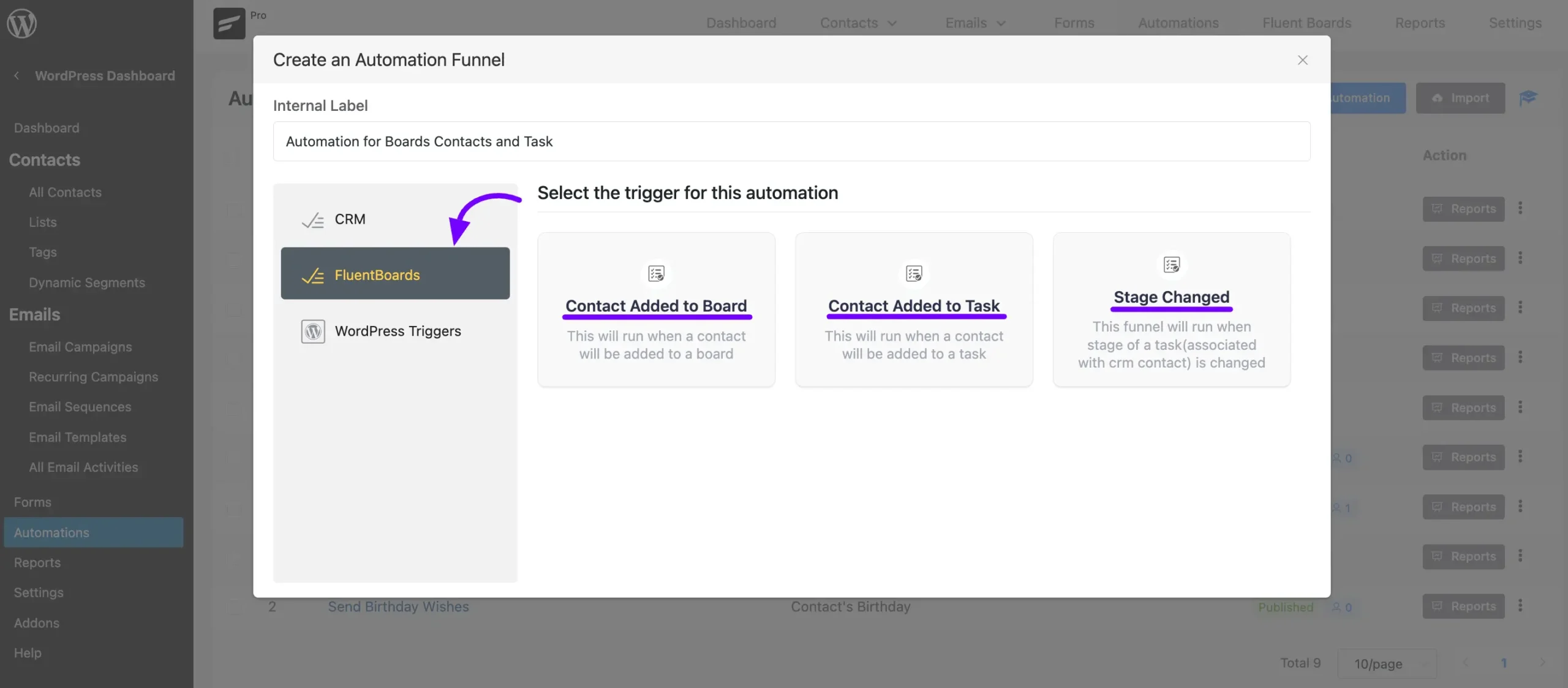 Fluentboards automations in  fluentcrm 