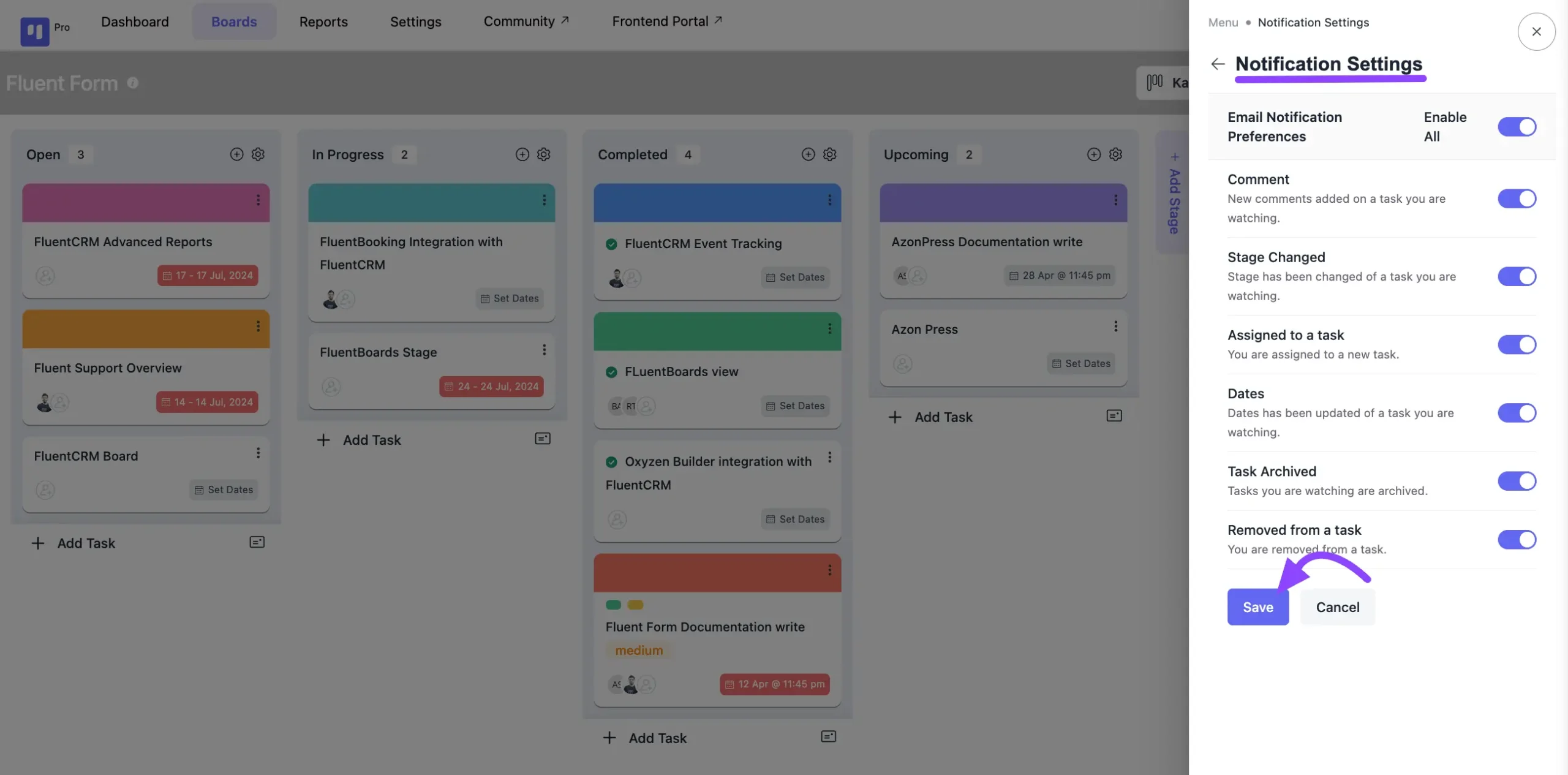 board notification settings