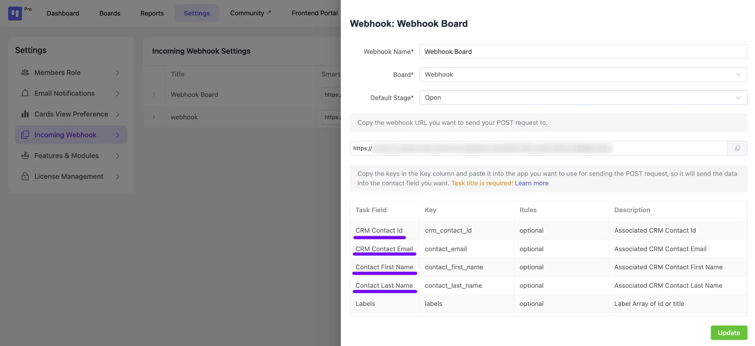 crm webhook fluentboards