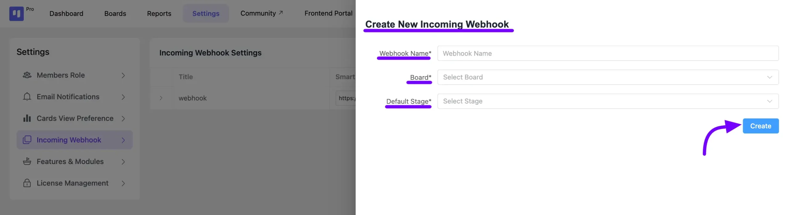 create new webhook