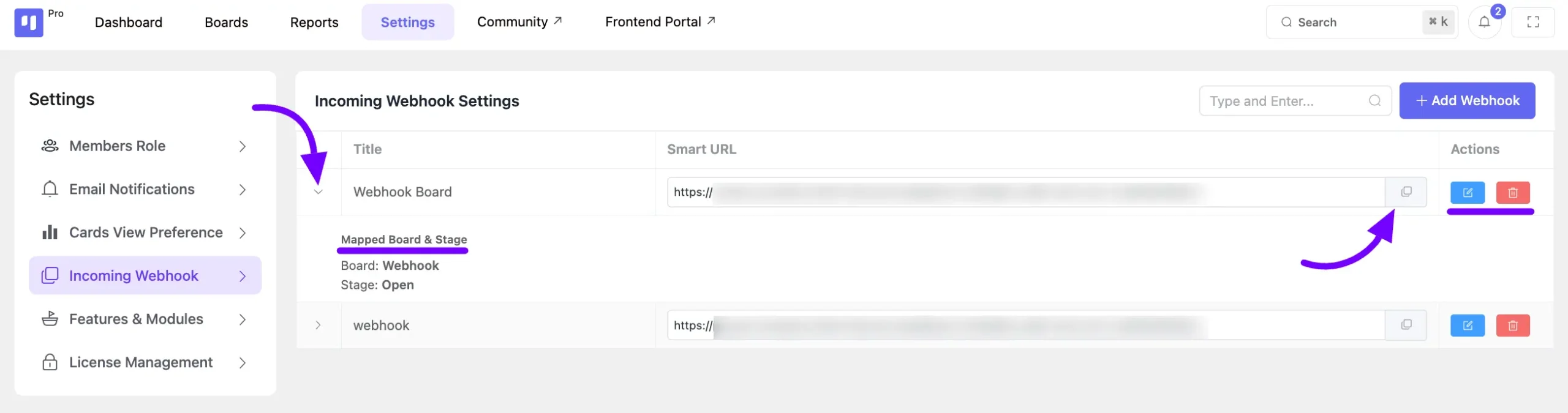 dashboard webhook fluentboards