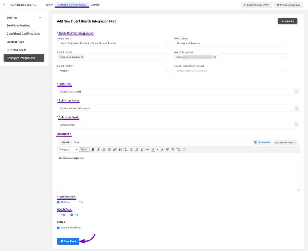 Fluent forms to fluentboards task mapping