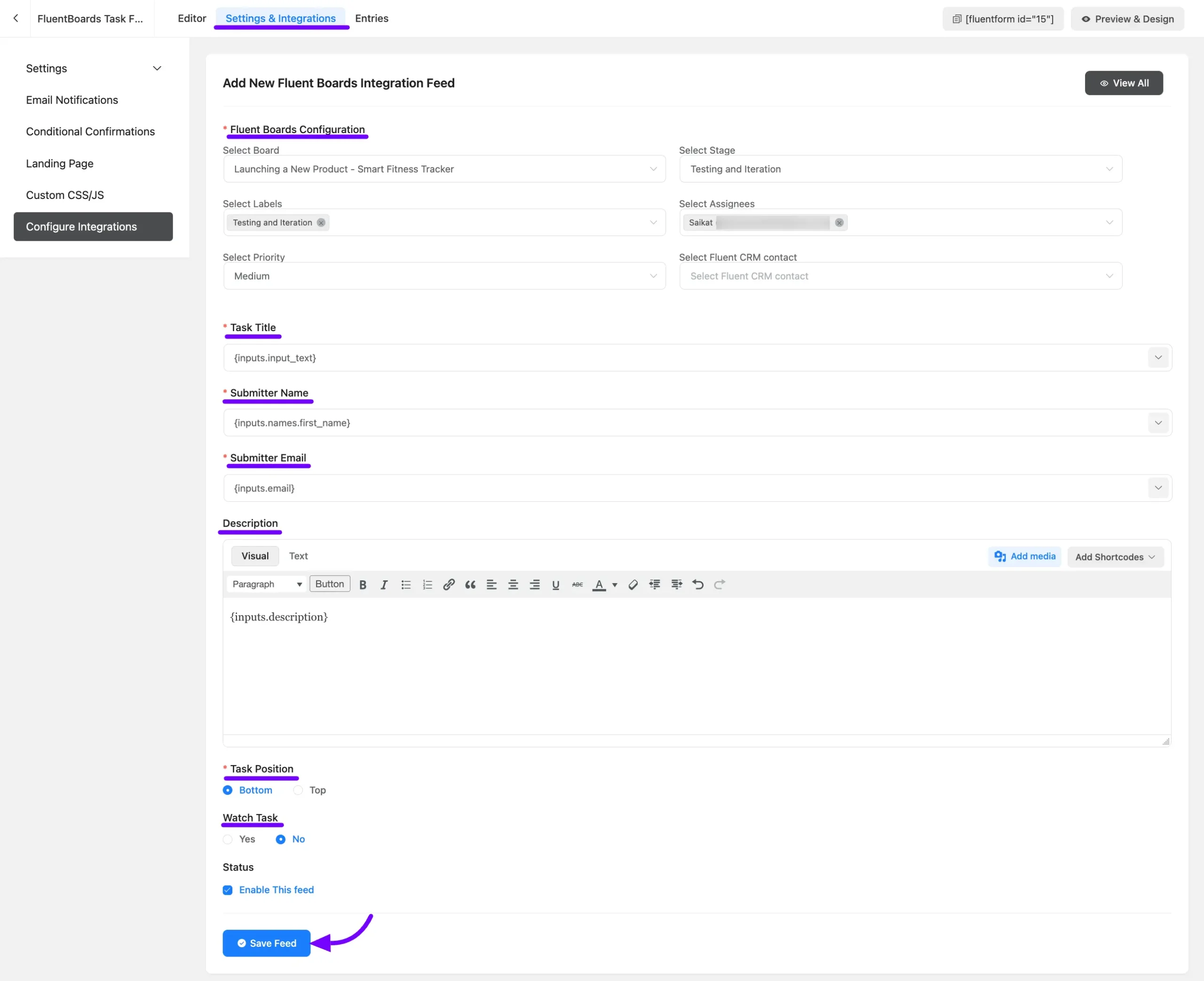 fluentboards integration feed in fluentforms