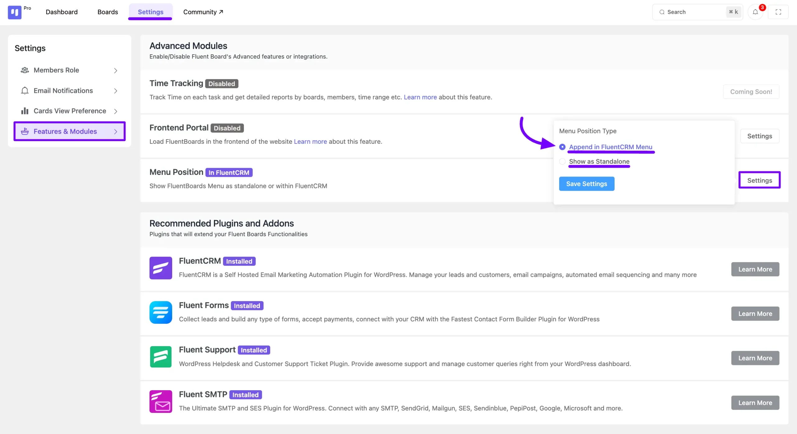 fluentboards menu in crm