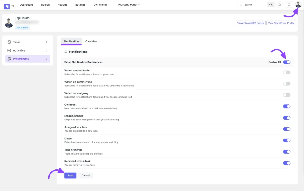 FluentBoards notification settings]