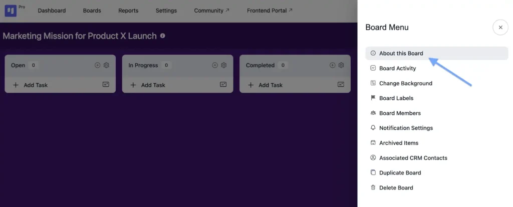 access board information in fluentboards from 'About this Board' option 