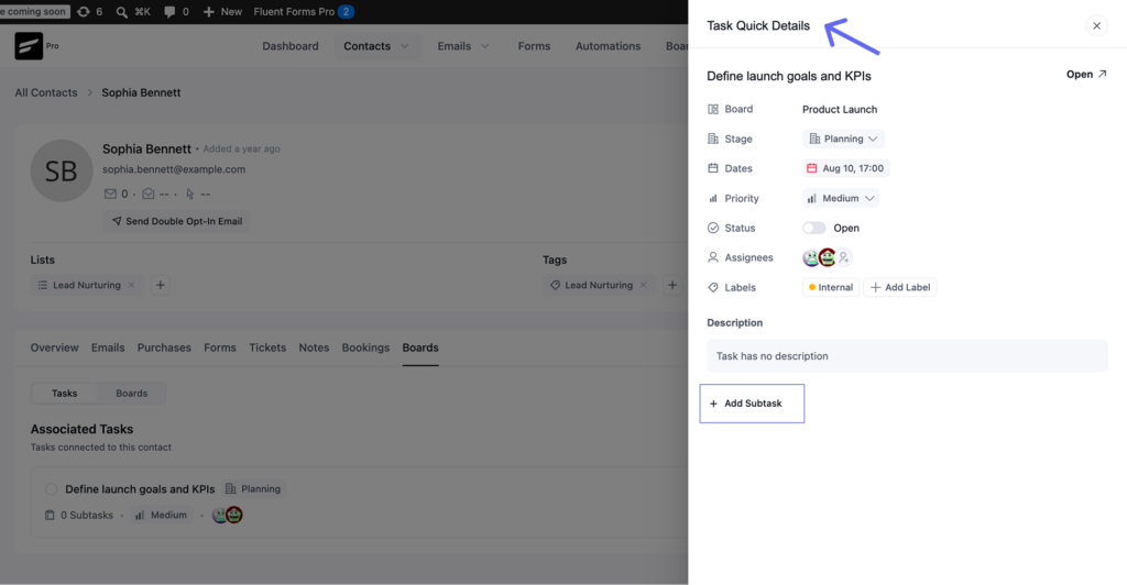 Use Case One: Check a Contact's Boards and Tasks From FluentCRM 3