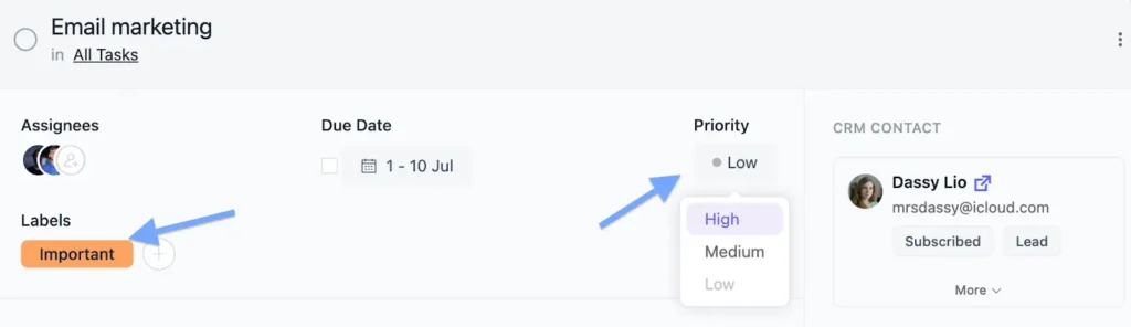 add label to task and set task priority 