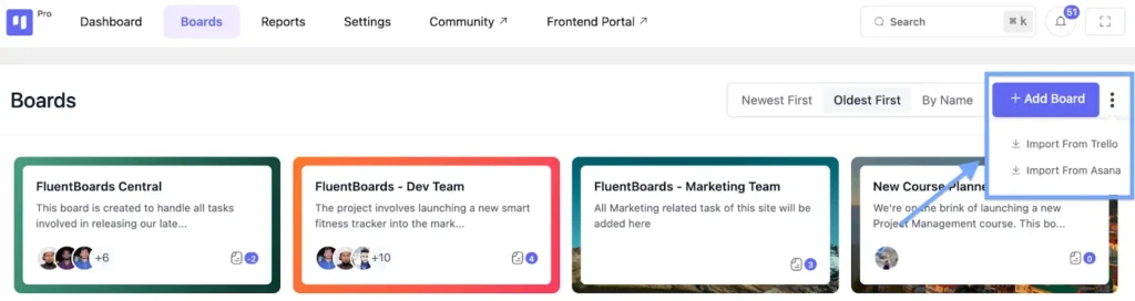 migrate project data from trello or asana in fluentboards 