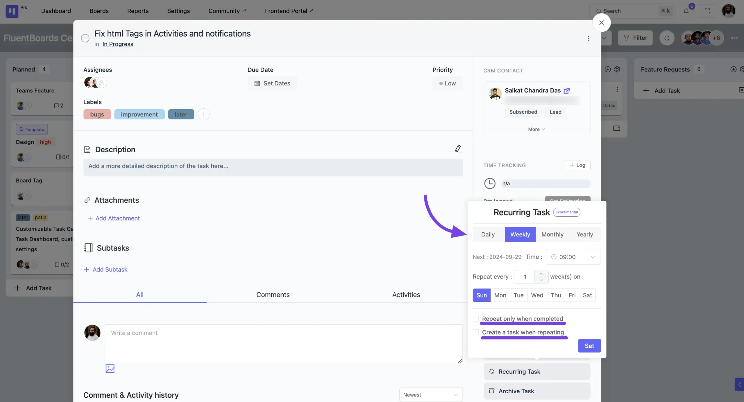 FluentBoards Recurring Task