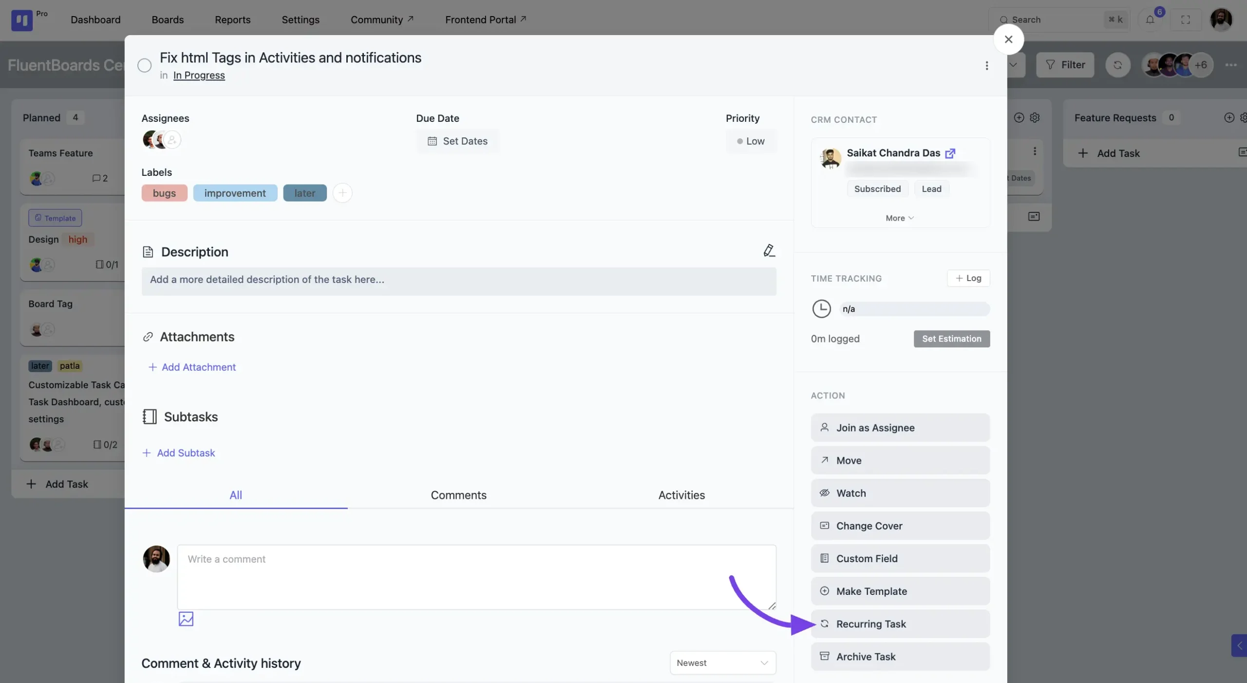 FluentBoards Recurring Task