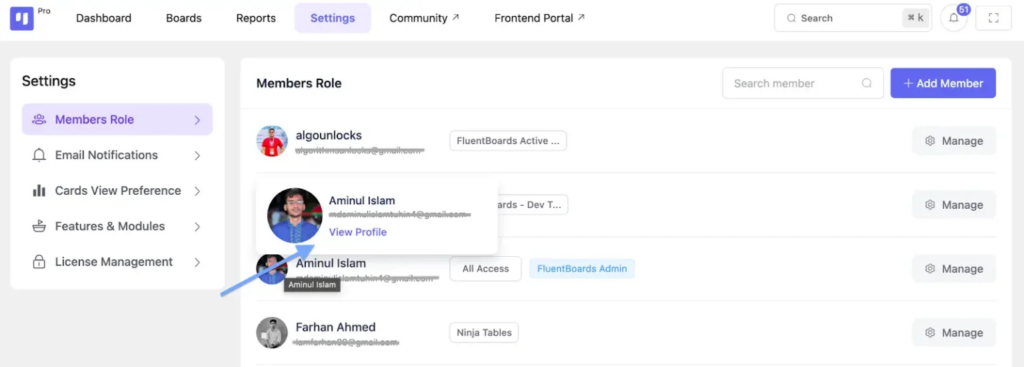 Manage team roles and access permissions from the Settings panel