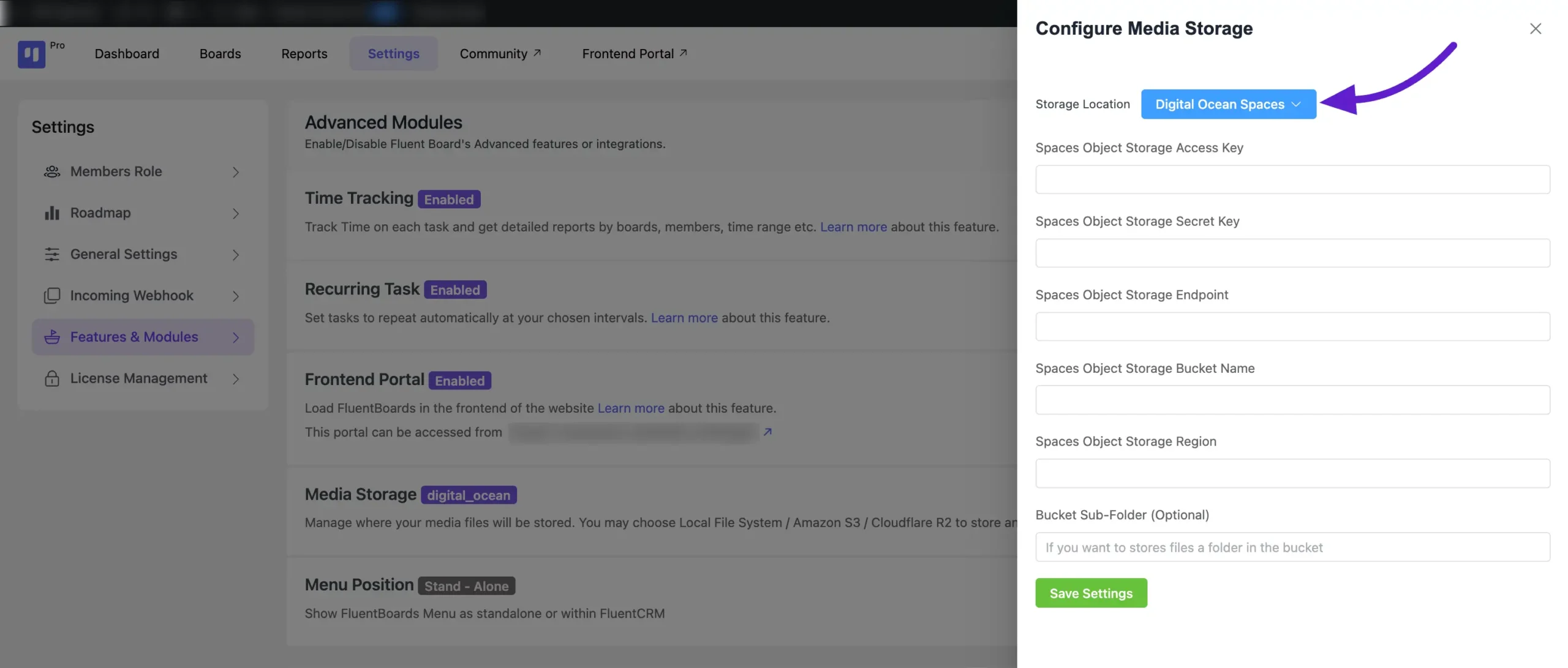 fluentboards digitalocean settings 2