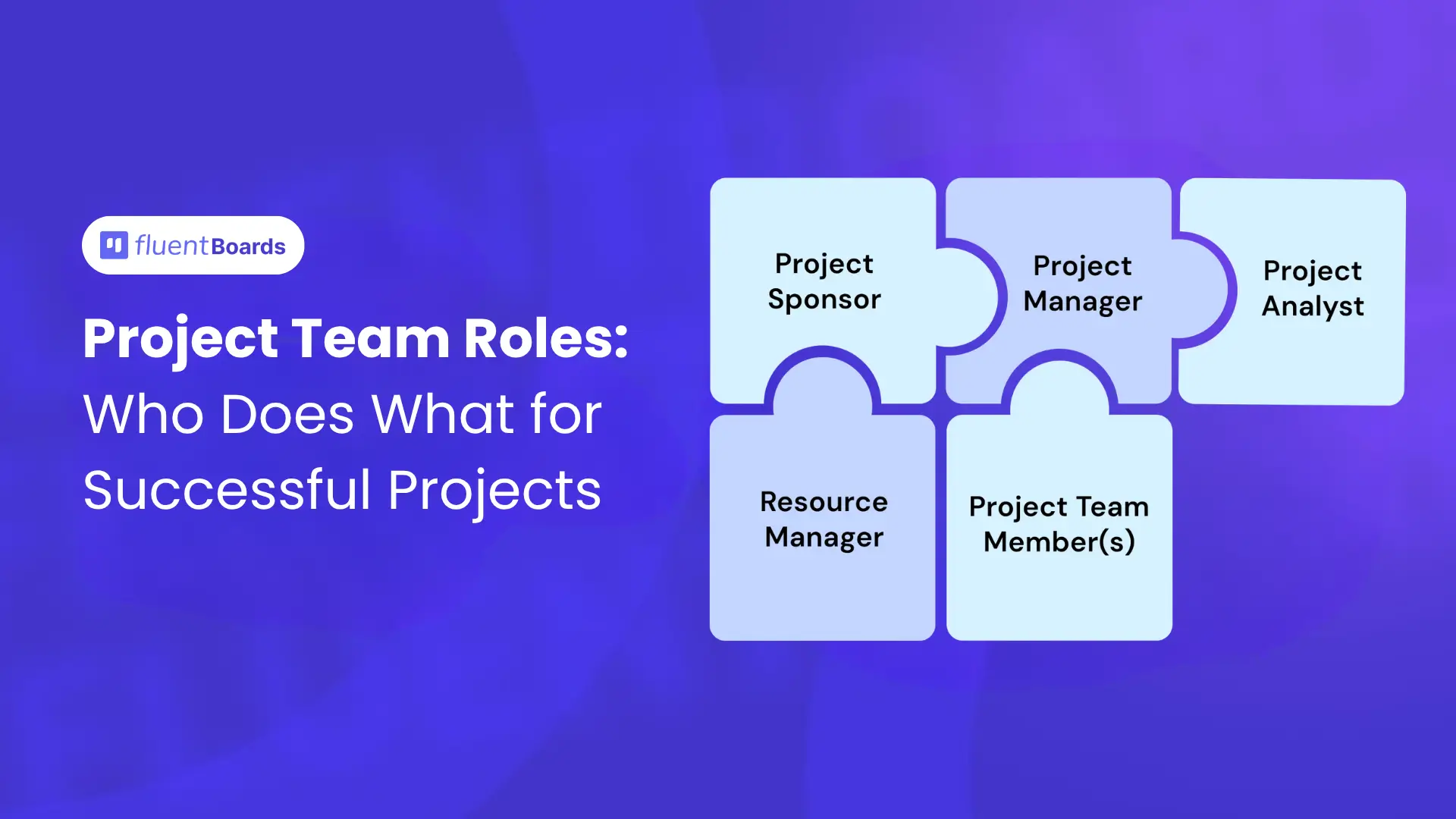 Five major project team roles shown as connected puzzle pieces: Project Sponsor, Project Manager, Project Analyst, Resource Manager, and Project Team Members