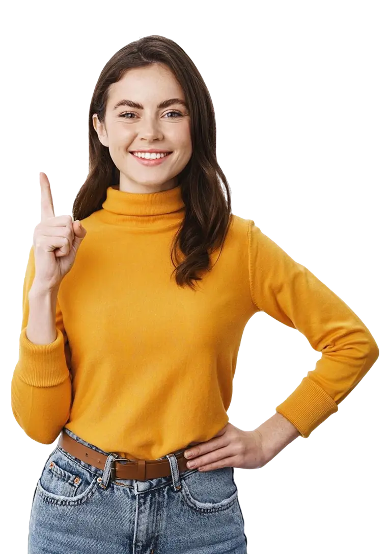 smiling brunette woman yellow sweater pointing finger up happy female model showing advertisement top indicating copy space standing white background 1