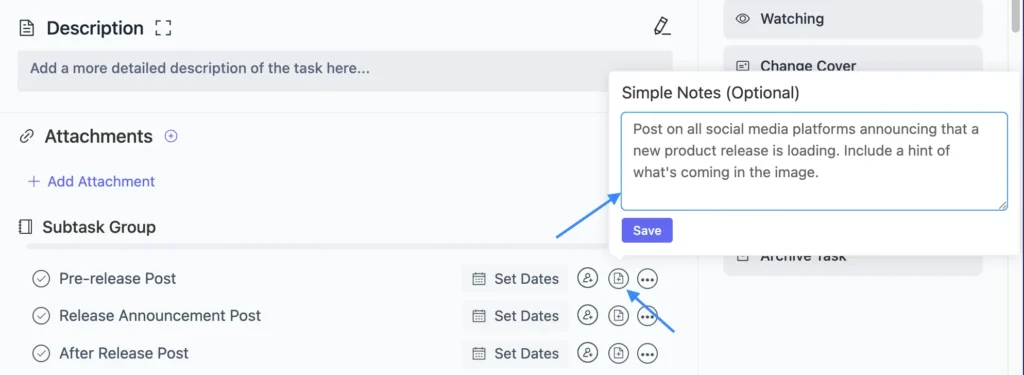 Simple Notes for Subtasks to Capture Brief Task Details