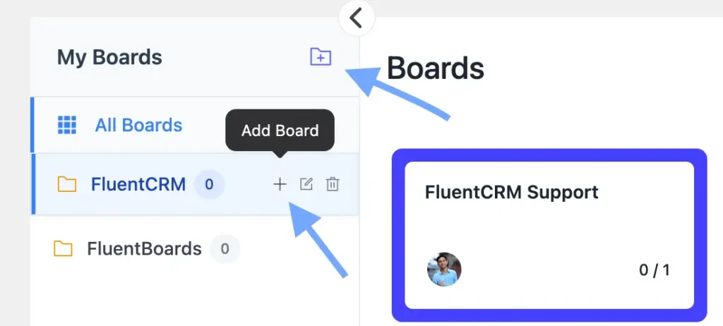 To add a new folder, click the ‘+’ icon beside My Boards. To add boards under a specific folder, click the ‘+’ icon next to that folder.