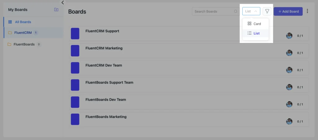 Boards List View for Enhanced Board Navigation
