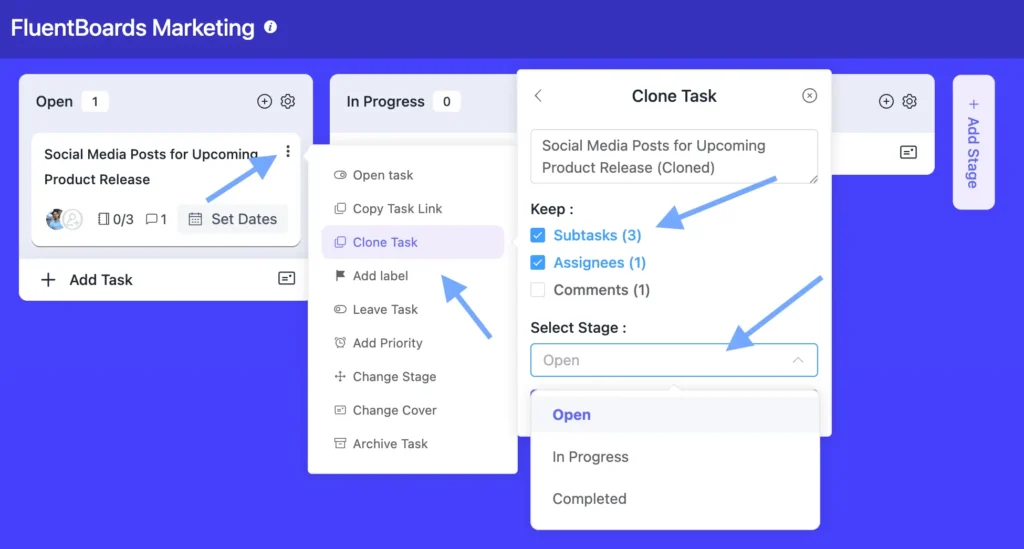To clone any task, click on the three dots beside the task and select "Clone Task."