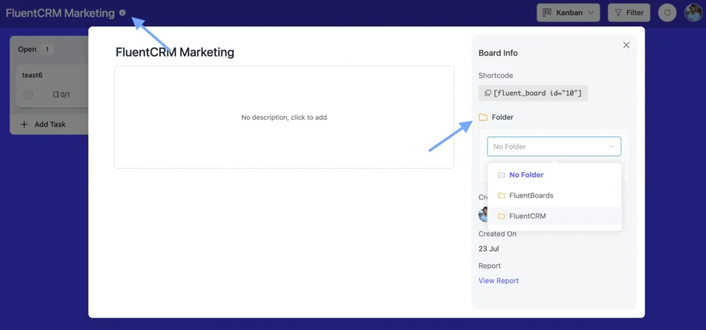 You can also add a project to a specific folder directly from your project dashboard.