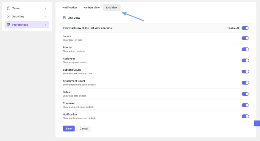 Task List View Settings for Customizable User Experience