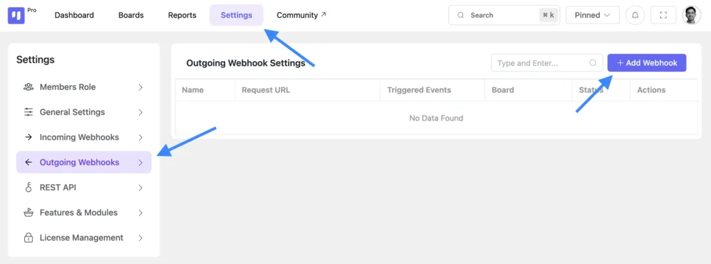 FluentBoards Outgoing Webhook