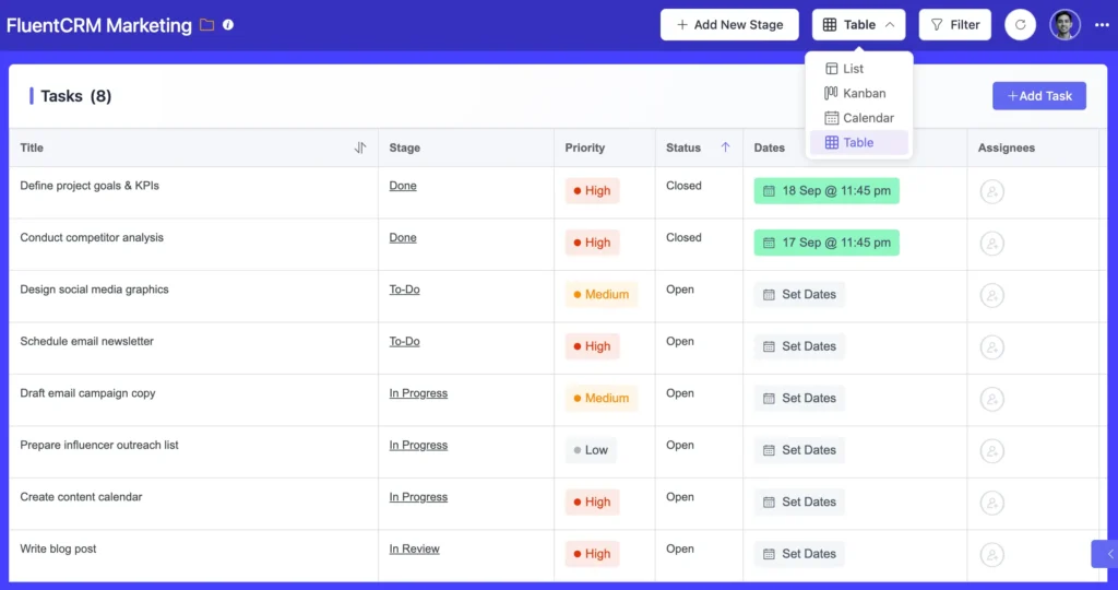 FluentBoards project view option : Table View