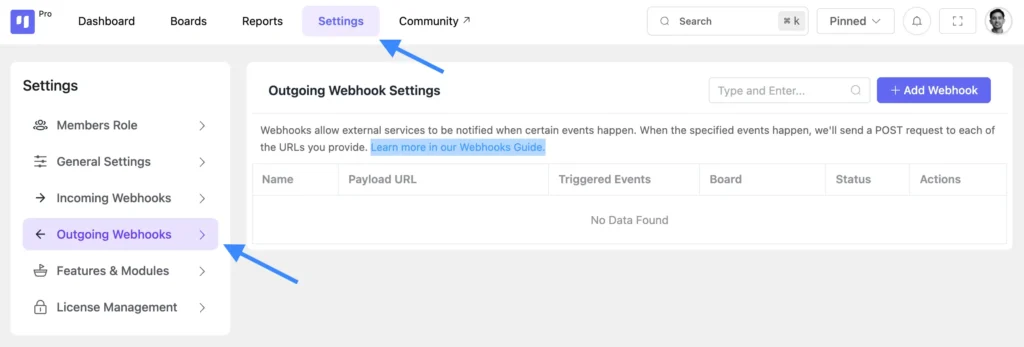 FluentBoards Outgoing Webhook