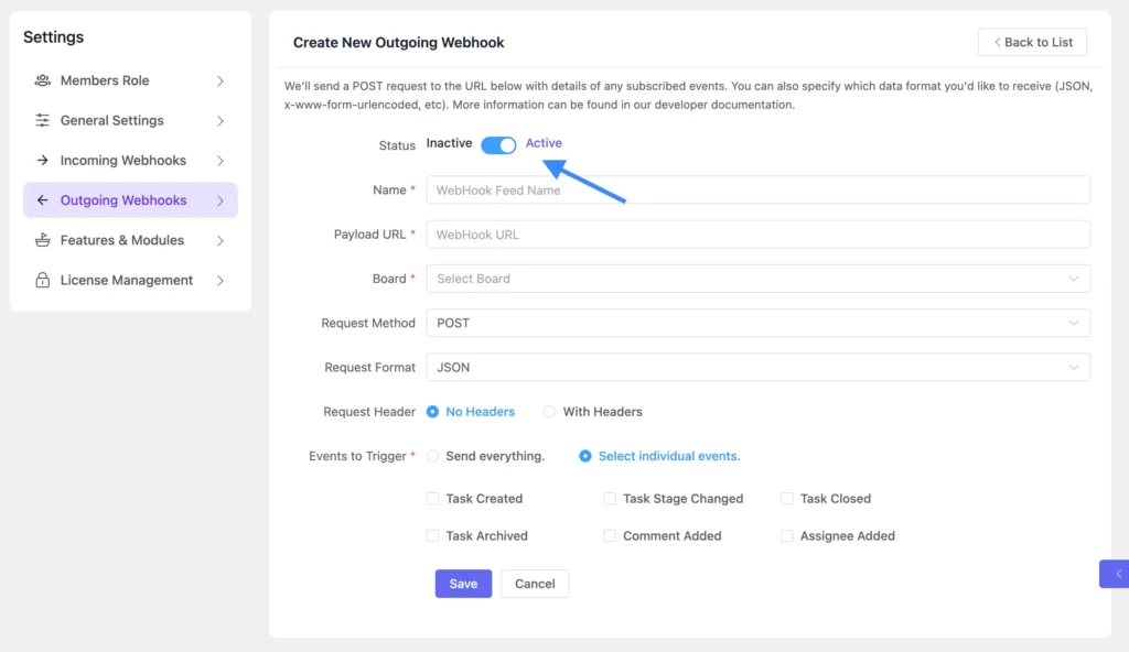 Click ‘+ Add Webhook’ to open the configuration form.