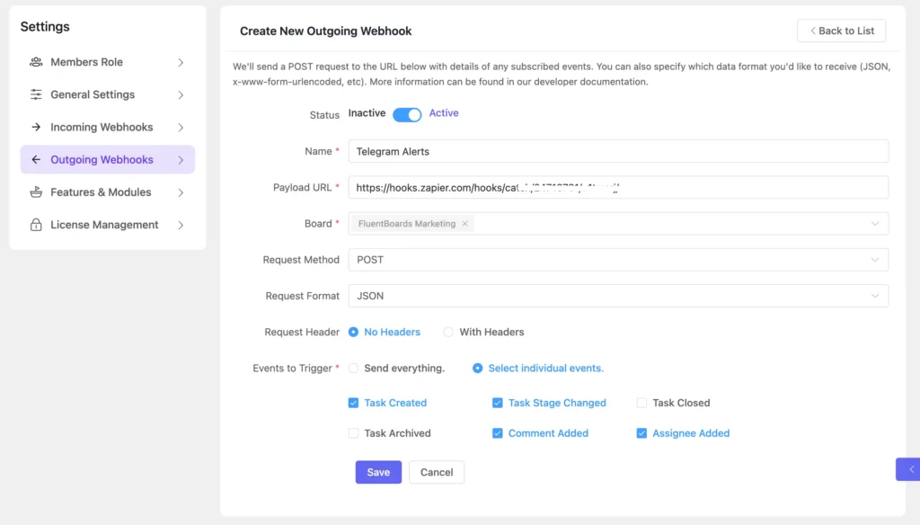 Step 3: Configure Outgoing Webhook in FluentBoards