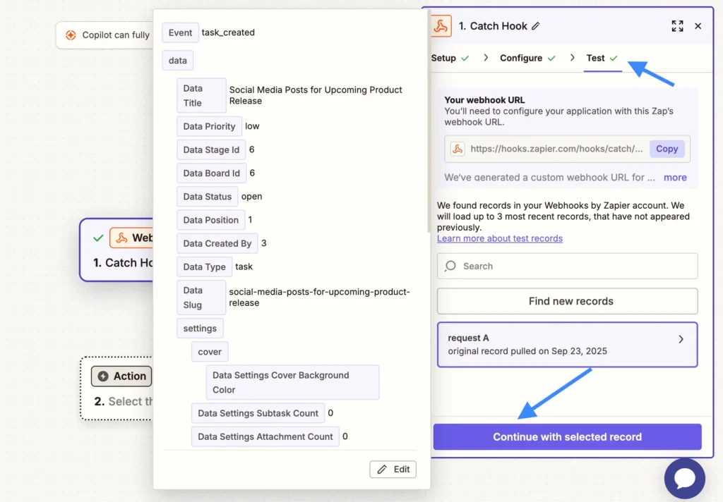 In the Telegram module, map the captured fields into a message format.