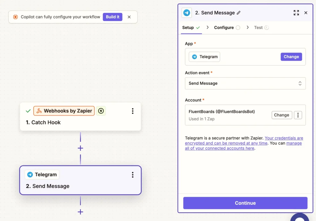 Go back to Zapier and trigger a test by creating a task in FluentBoards. If set up correctly, Zapier will capture the webhook data (task title, assignee, board, due date, etc.).