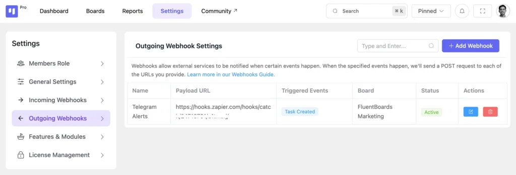 After creation, all your webhooks will appear in the Outgoing Webhooks Settings dashboard. 