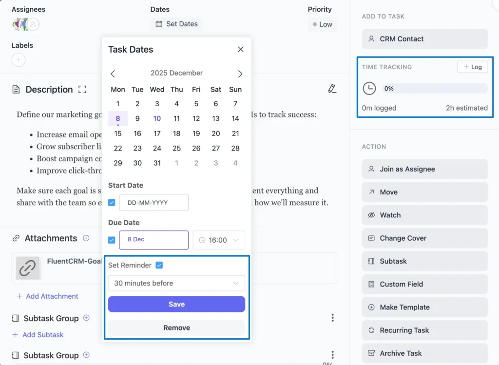 Add task reminder and track time 
