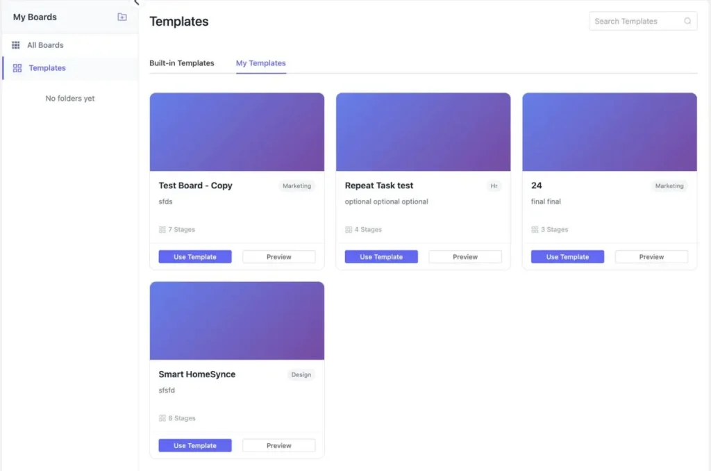 You will get a dedicated dashboard to view, manage, and organize both pre-built and custom templates