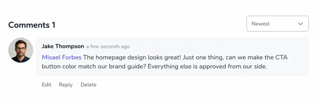 A client's feedback landing directly on the task through comments (Image: FluentBoards)