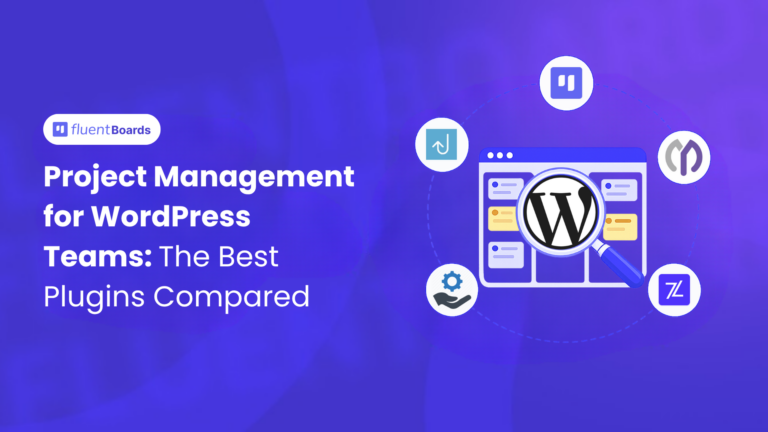 WordPress project management plugin dashboard showing a Kanban board with tasks and stages