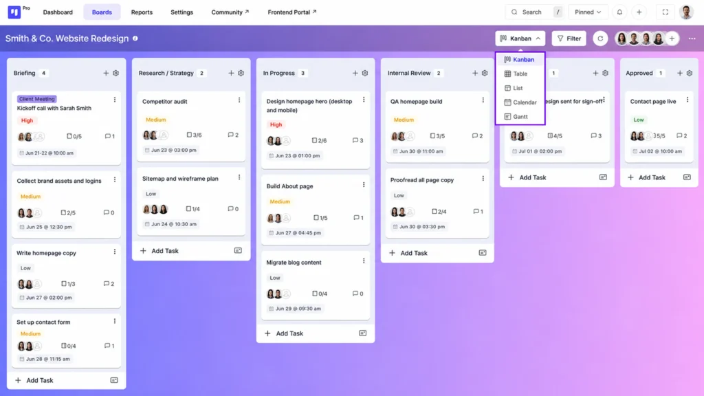 Switch between Kanban, Table, List, Calendar, and Gantt with one click (Image: FluentBoards)