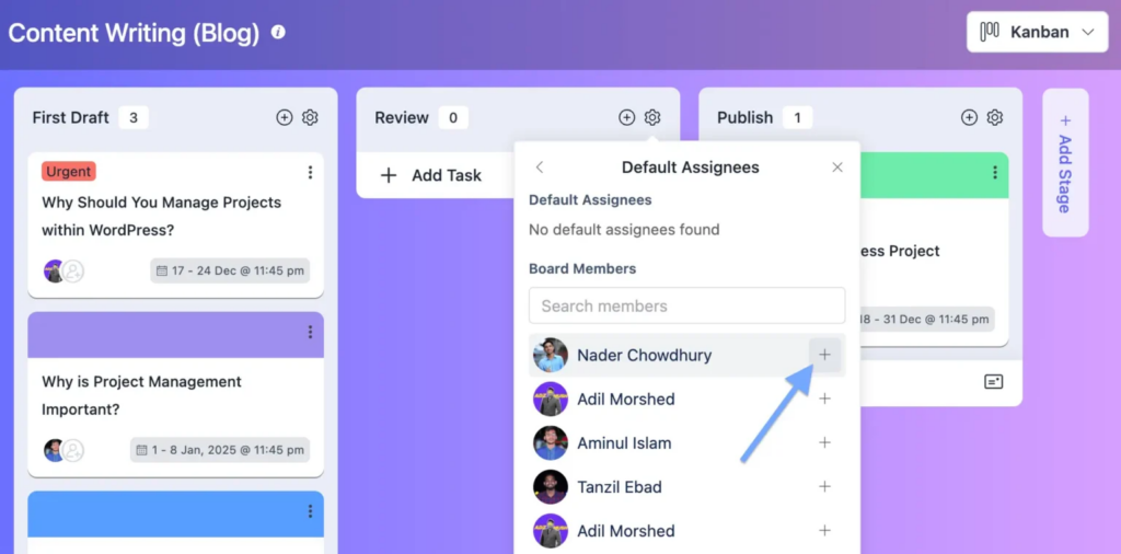 Stage Default Assignee (FluentBoards)