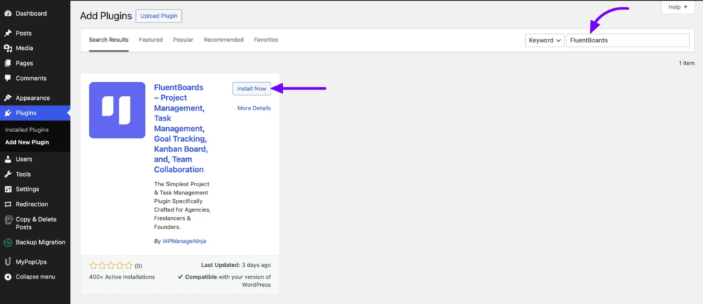 Install FluentBoards directly from your WordPress dashboard (Image: FluentBoards)