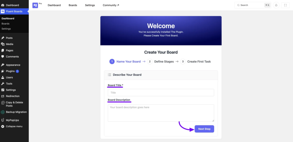 Naming your first board in the FluentBoards setup wizard (Image: FluentBoards)