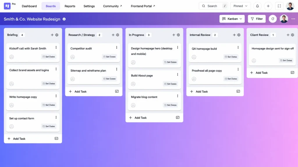 A custom agency workflow, from Briefing to Live (Image: FluentBoards)