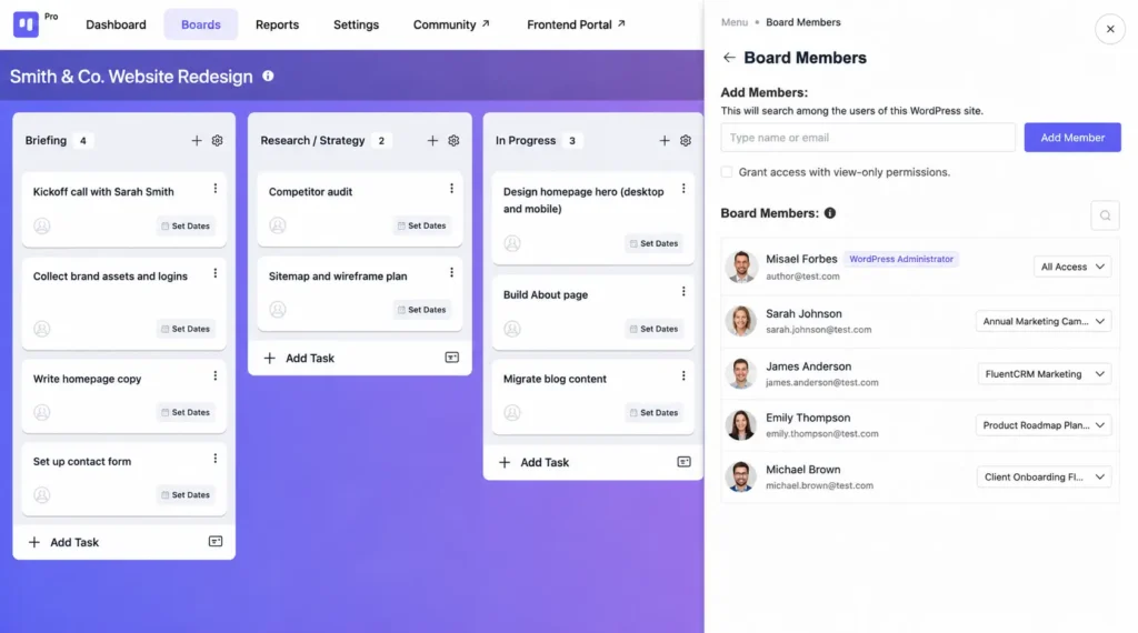 Add team and set each person's role right from the board (Image: FluentBoards)