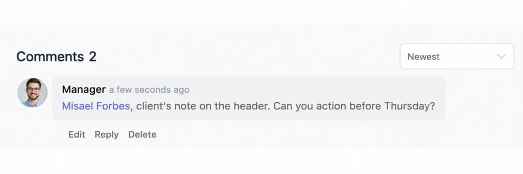 Task comment with @mention keeping feedback attached to the task
