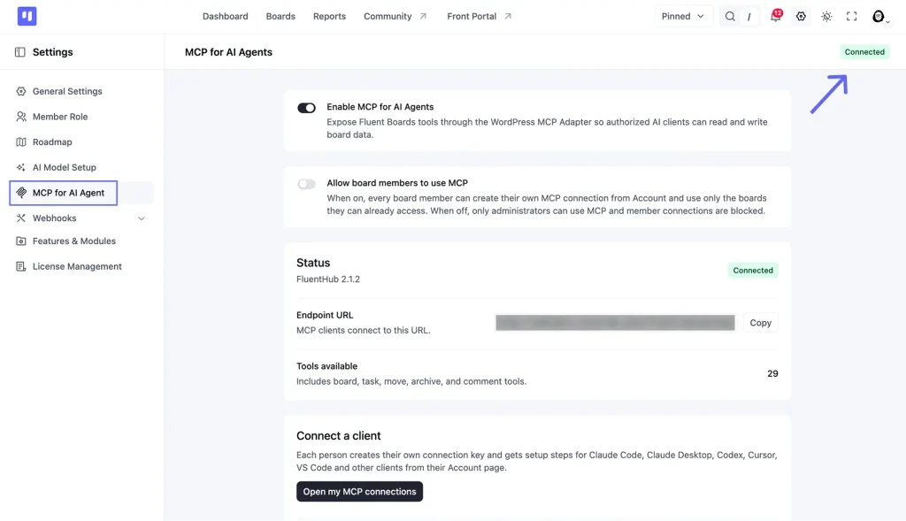 A live, connected FluentBoards MCP endpoint, adapter name, URL, and 29 available tools
