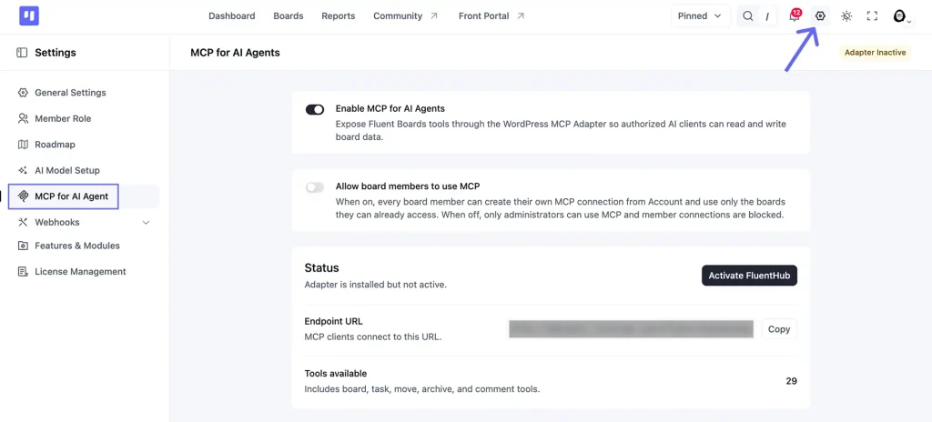 MCP for AI Agents settings page