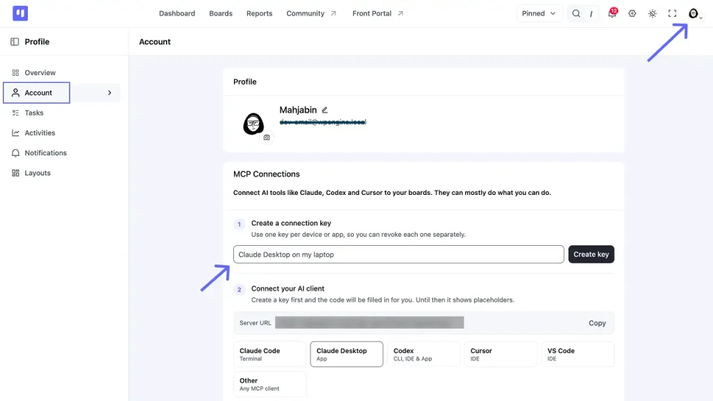 The Create a connection key field on the MCP Connections page, with a named key ready to create